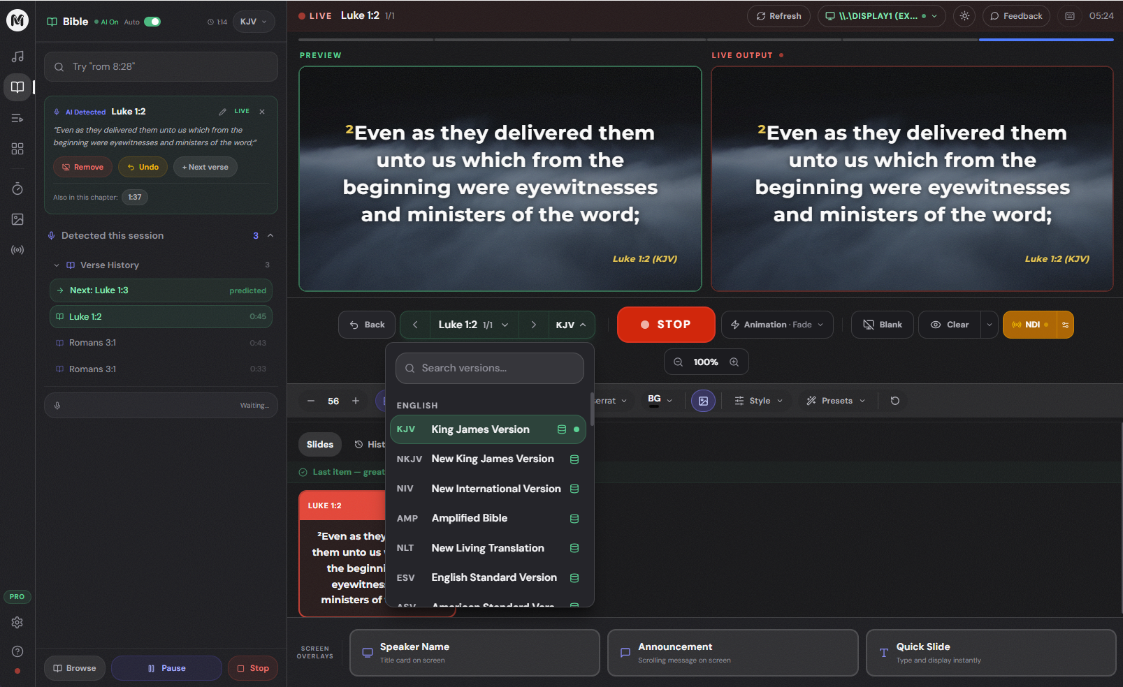 AI Bible detection showing automatic Scripture display during a church service