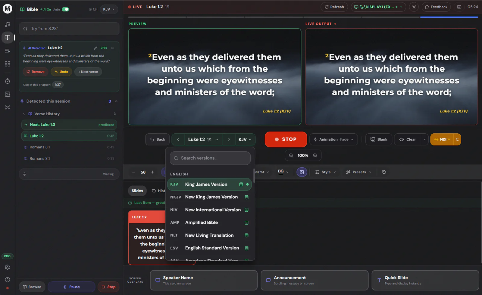 AI Bible detection showing automatic Scripture display during a church service