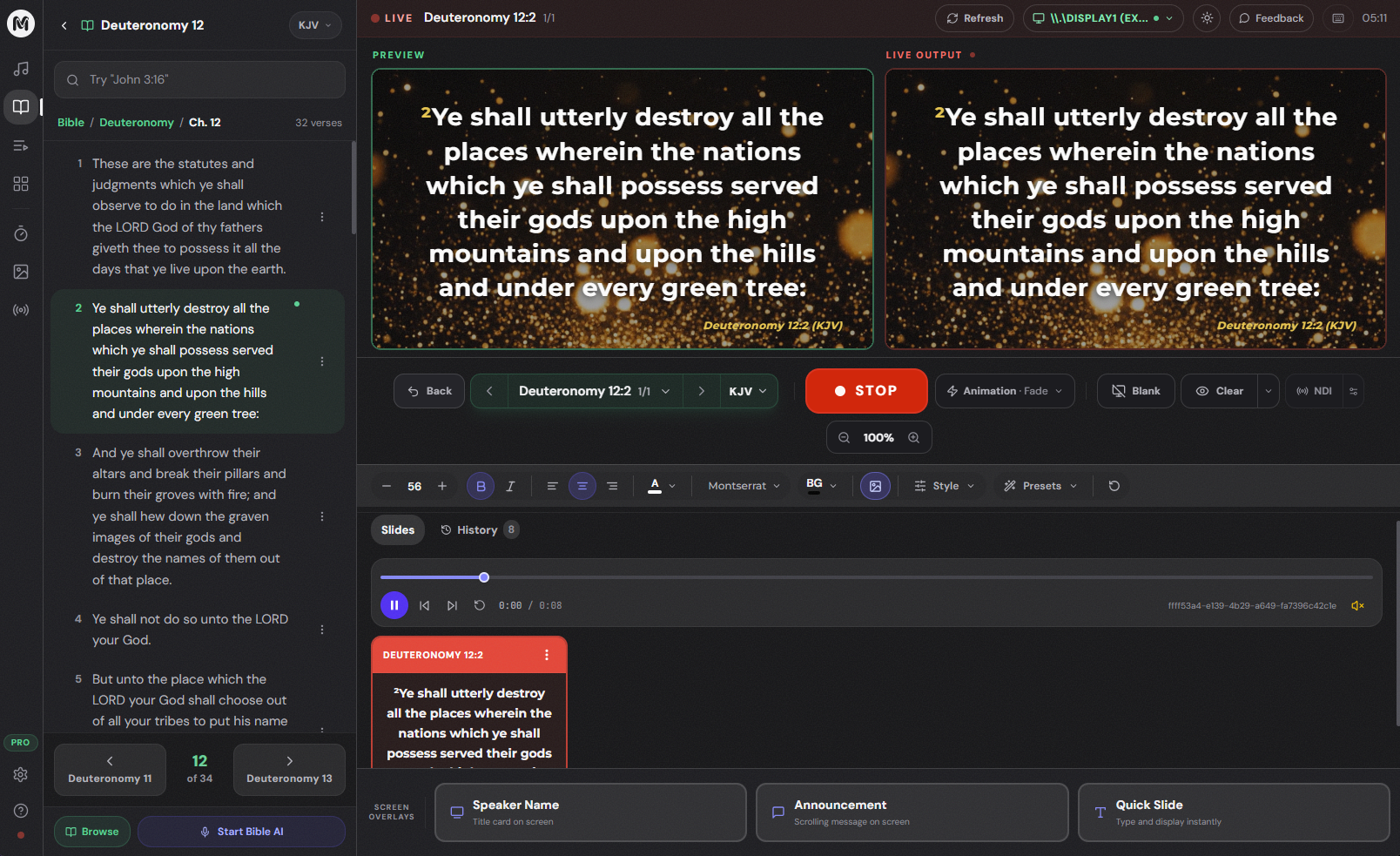 Bible projection software showing Scripture search and live display