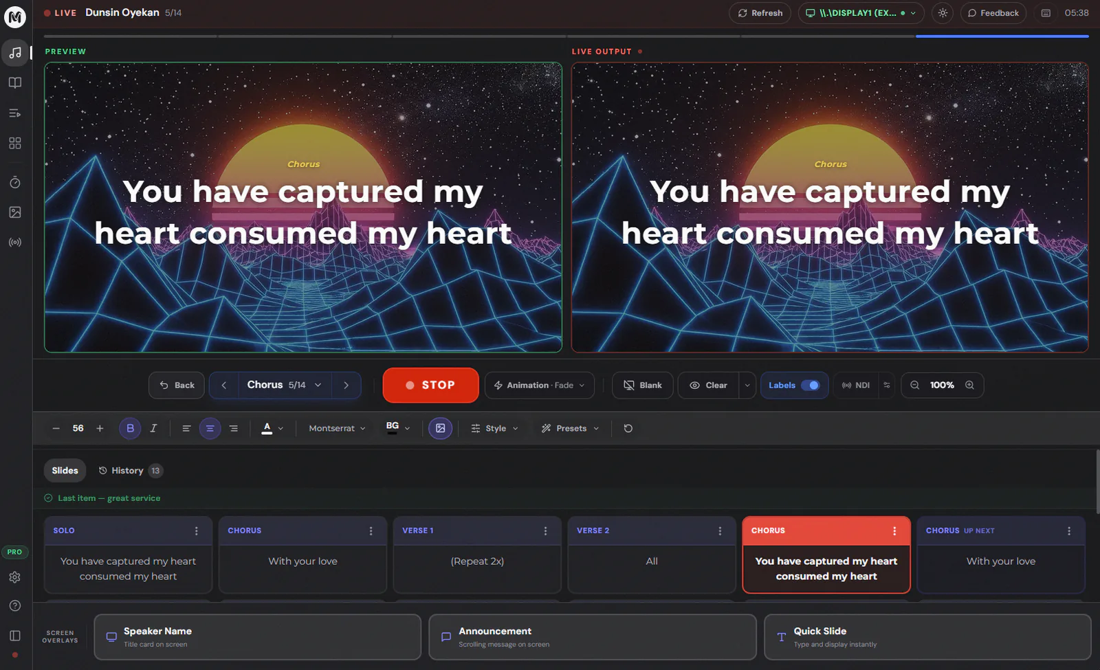 Church projector software showing live output and presentation controls
