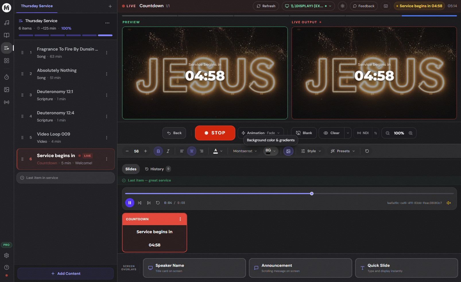 OpenLP alternative showing MyChurchSpace service planner