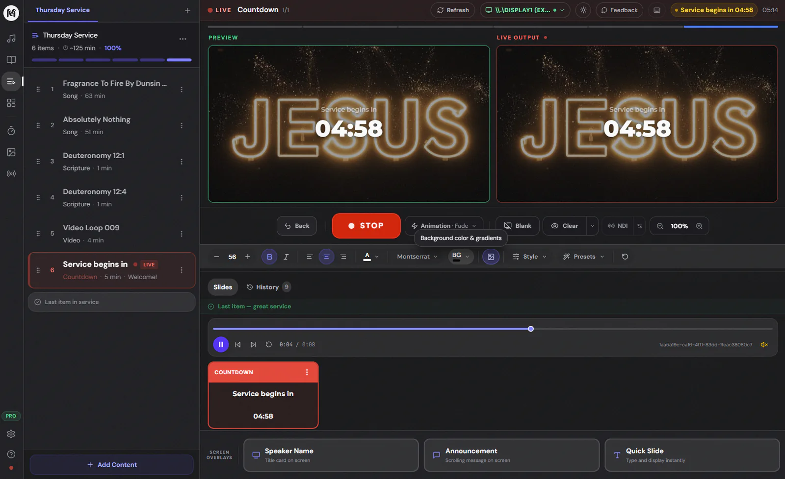 Church service planner arranging songs, Scripture, announcements, and media