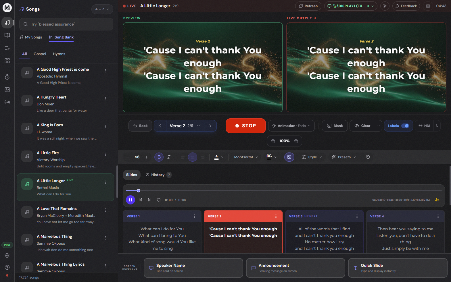 Worship presentation software showing a song library and live lyrics