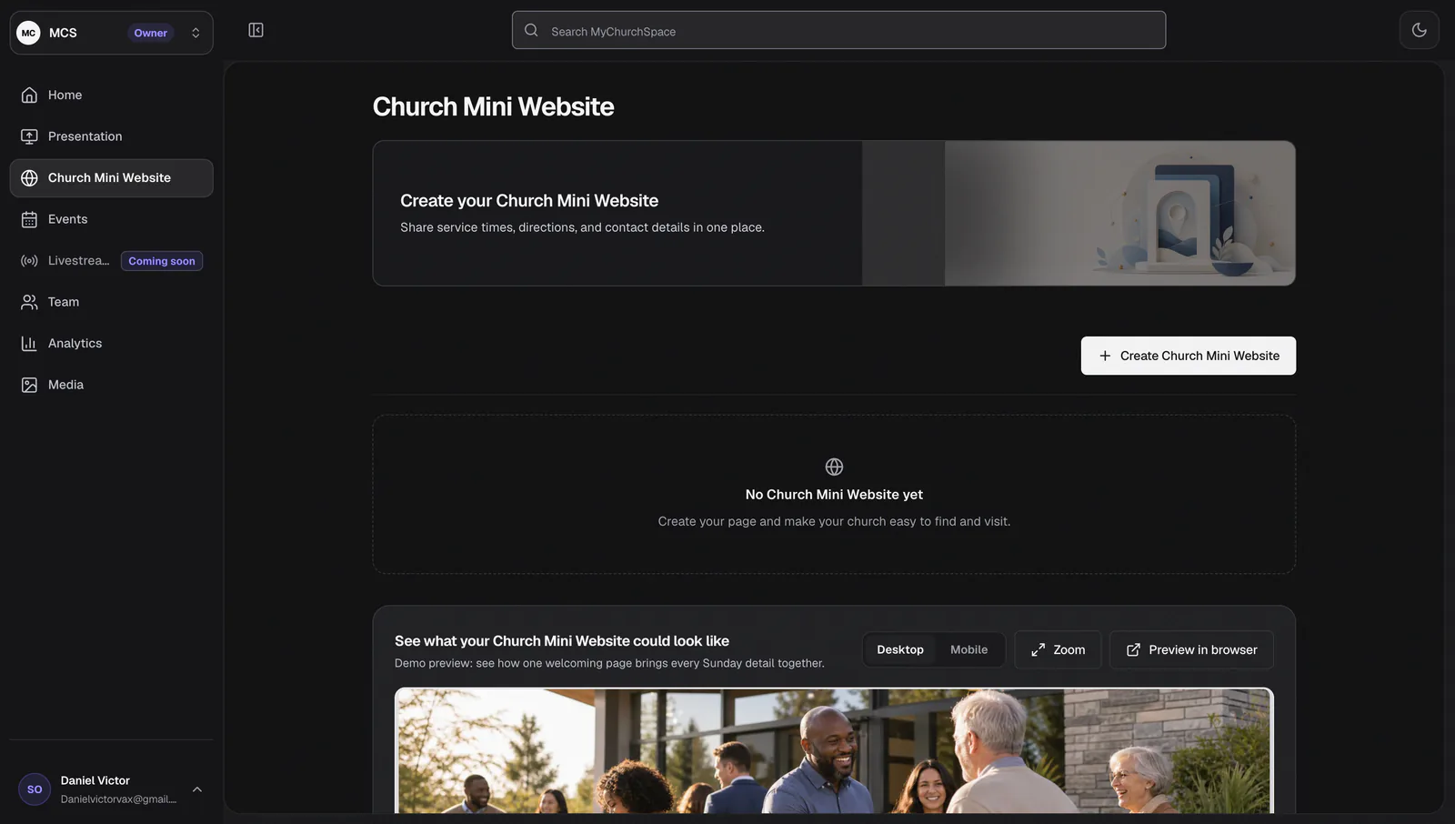 Church website builder showing a ministry website workspace and page settings